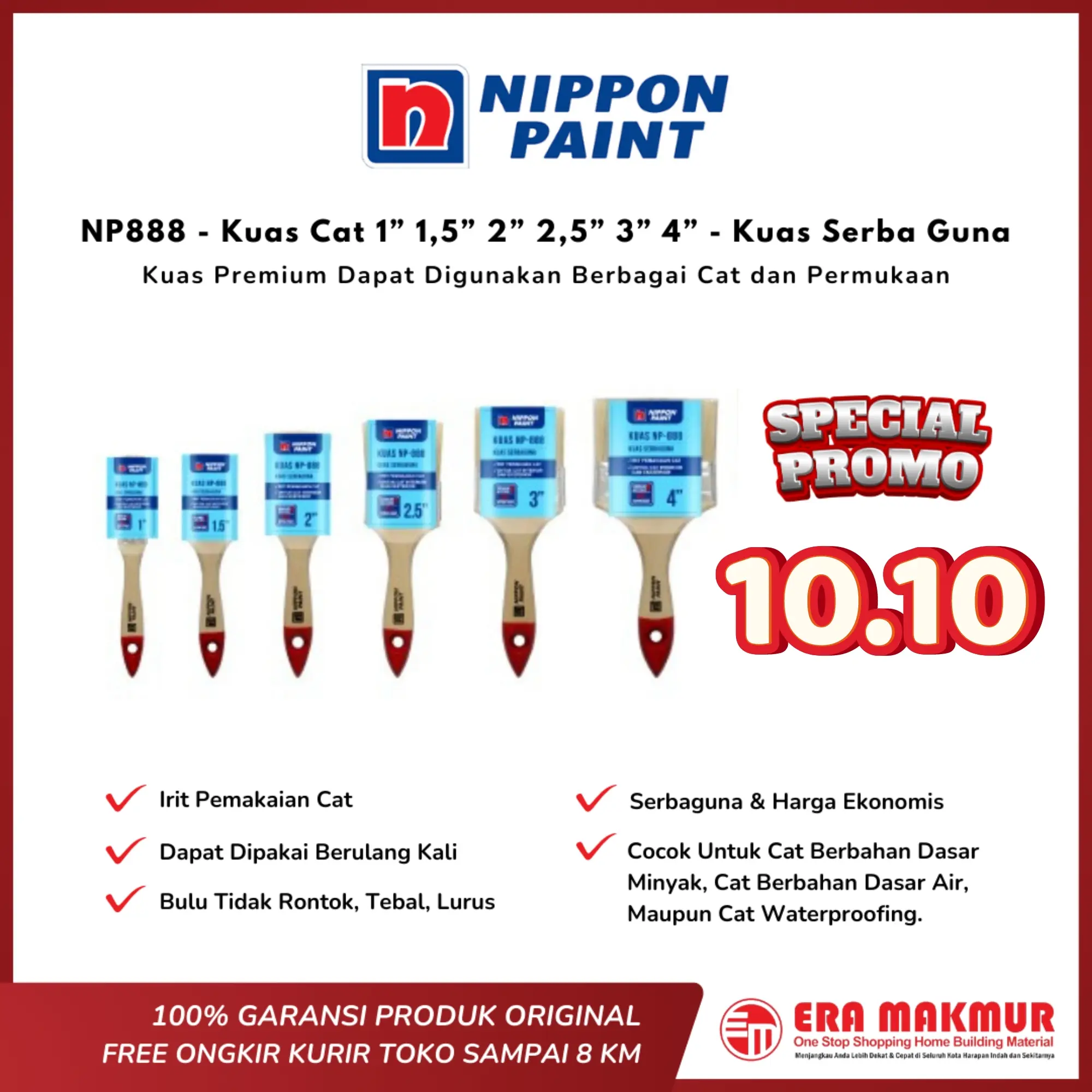 NIPPON PAINT - Kuas NP888 - Kuas Cat 1 Inch, 1,5 Inch, 2 Inch, 2,5 Inch, 3 Inch, 4 Inch / 1” 1,5” 2” 2,5” 3” 4” - Kuas Serba Guna