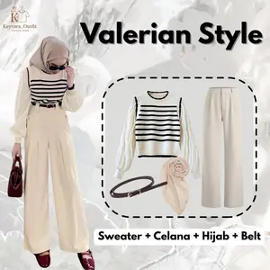 Korean Style Wanita (Bella Square, Sweater Garis Tebal , Celana Basic , Belt Coklat ) Outfit Nongkrong Kece KY2B
