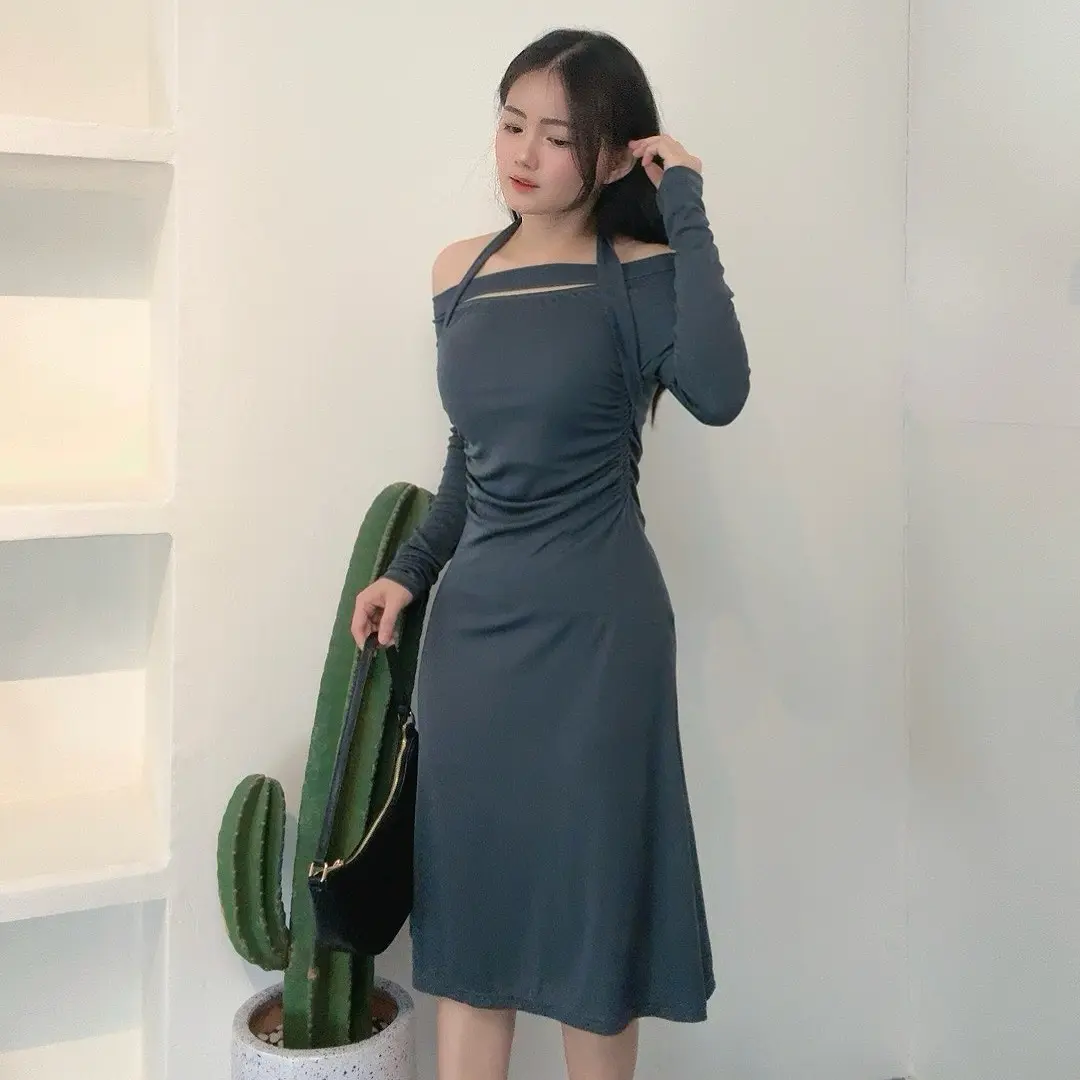 MODAMYTH D04 - Casual Long Dress / Dress Maxi Wanita / Dress Panjang Wanit Off Shoulder Lengan Panjang Korean Fashion Kekinian