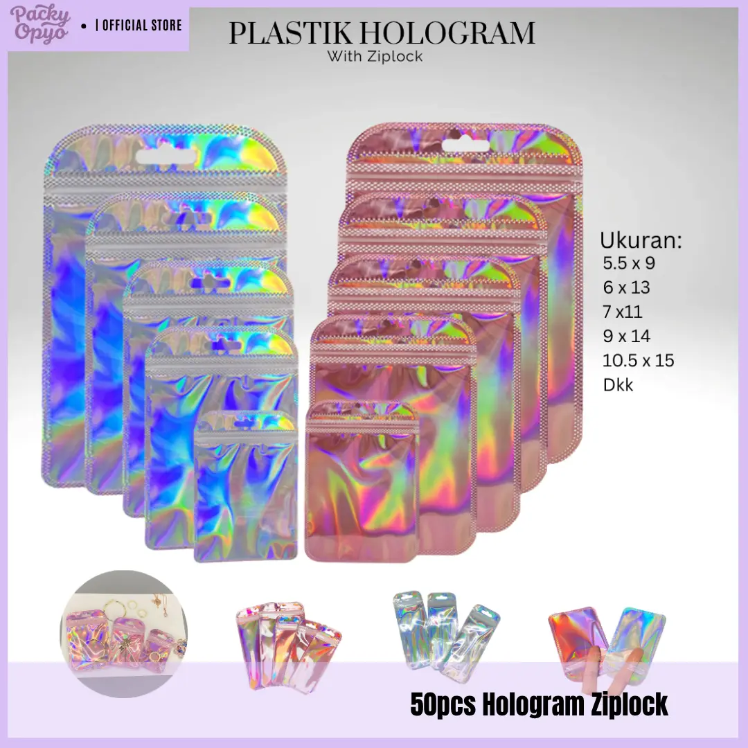 Plastik Hologram Short Ziplock -+50pcs For Gift Flat Ziplock Hologram Foil Aksesoris home organizer
