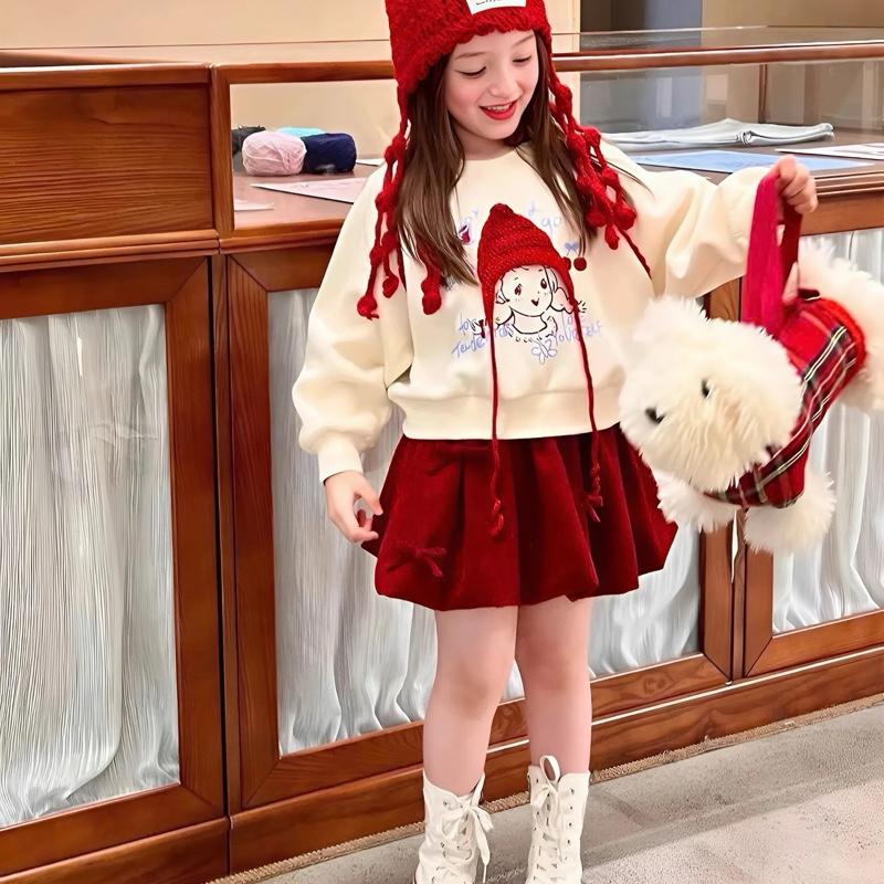  Tặng Búi Tóc Ong kis Sét áo 2 da hình in cô gái tóc đỏ kèm chân váy nhung chéo đính nơ phom bí ngô sang chảnh cho bé gái Tặng Búi Tóc 