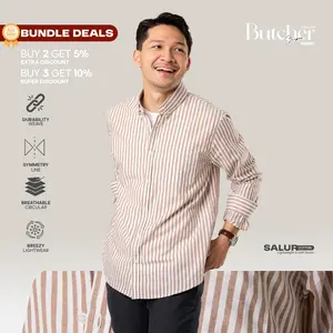 Kemeja Pria Garis WOODCUTTER Basic Butcher Stripes Shirt Lengan Panjang Salur Casual Kerja - Brown Coklat