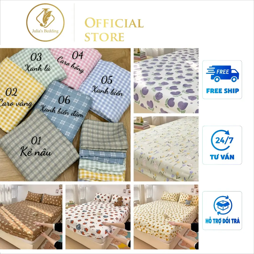 Bộ ga gối 3 Món COTTON đũi xơ đậu lành mềm, mát, thoáng khí - 1 ga chun trơn bọc đệm và 2 vỏ gối đầu cùng tông màu