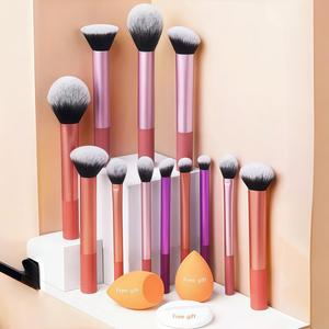 Set de 15 brochas de maquillaje multifuncionales, brochas para polvo, rubor, base, sombra de ojos y contorno, esponjas angulares y redondas, borla, brochas de maquillaje