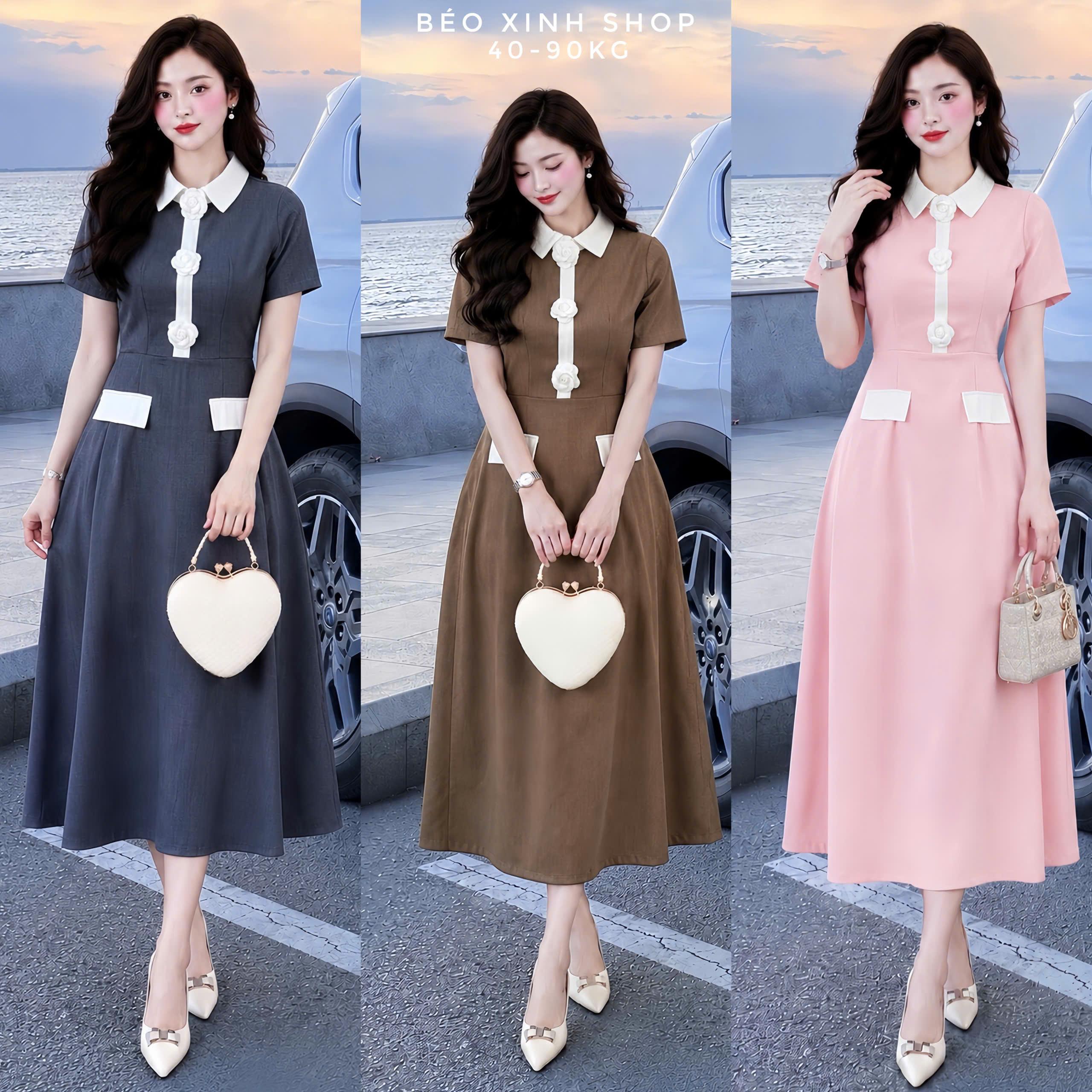 Váy Linen Pháp Bigsize Đính Hoa 3D – Cổ Kem Form Xòe Sang Trọng 40–90kg Béo Xinh Shop - A.1880
