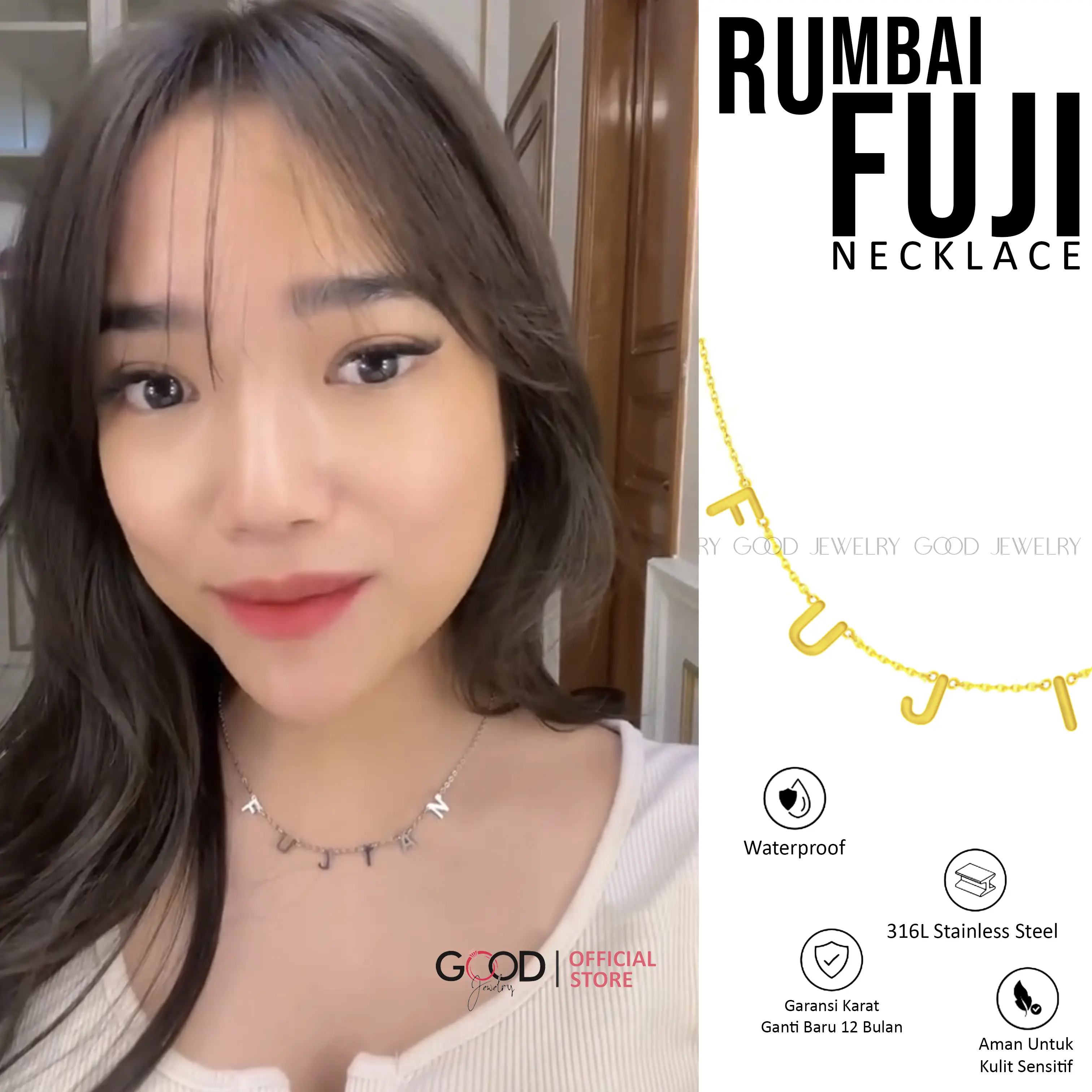Kalung Nama Titanium Wanita Bahan 316L Stainless Steel Lapis Emas 18K - Rumbai Fujiiian Necklace