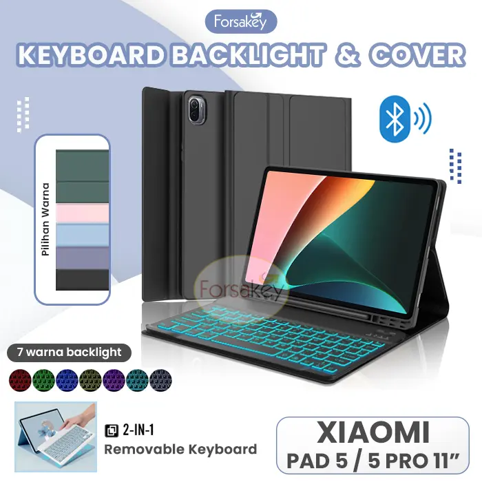 Case dan Keyboard Backlight untuk Tablet Xiaomi Mi Pad 5 Mipad Pro Tab Tablet 11 Inch 2021 Wireless Bluetooth Blutooth Keybord Kibord Backlit Back Light Lit Lampu Soft Flip Case Casing Book Cover Sarung Kesing Slot Pencil Holder Warna Pastel