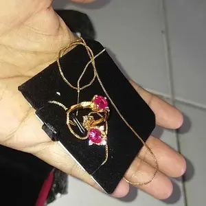 OS1-S389 Set Kalung dan Cincin Wanita Cranberry Jewelry Permata Red Ruby Premium Lapis Emas 18k Anti Luntur Anti Berubah Warna Garansi 1 Tahun Resmi Size Adjustable Kualitas Grade Terbaru Aksesoris Perhiasan Cincin Nikah Permata VVS1 Elegan COD