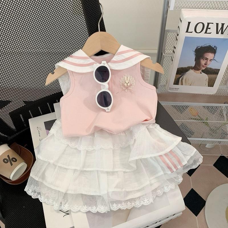 Set ĐI Học REN Kẻ Hồng Thủy Thủ - Bộ Áo + Chân Váy Phối Viền chất Cotton Cho Bé Gái 6-18kg Thiết Kế Dễ Thương