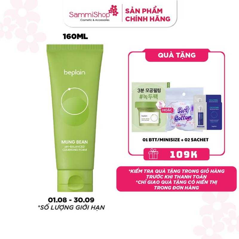 BEPLAIN Sữa Rửa Mặt Sạch Sâu Dịu Nhẹ Mung Bean pH-Balanced Cleansing Foam 160ml