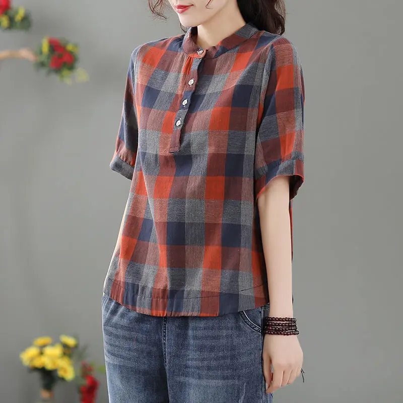 Áo Sơ Mi Cotton Và Vải Lanh Cổ Điển Cho Nữ, Áo Cho Mẹ Trung Niên, Cỡ Lớn, Dáng Rộng, Thường Ngày, Kẻ Sọc, Mùa Hè, Mới