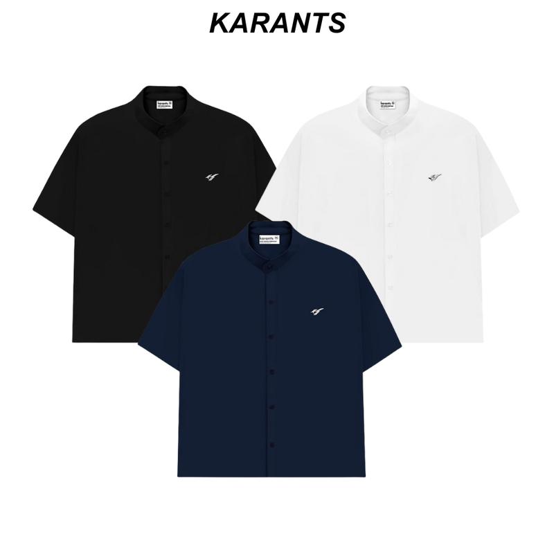 Áo Sơ Mi Trơn Cổ Tàu Logo Kim Loại Karants Form Boxy Vải Cotton Lạnh Premium Nam Nữ Unisex Menswear Hot Trend 2025 - KR241
