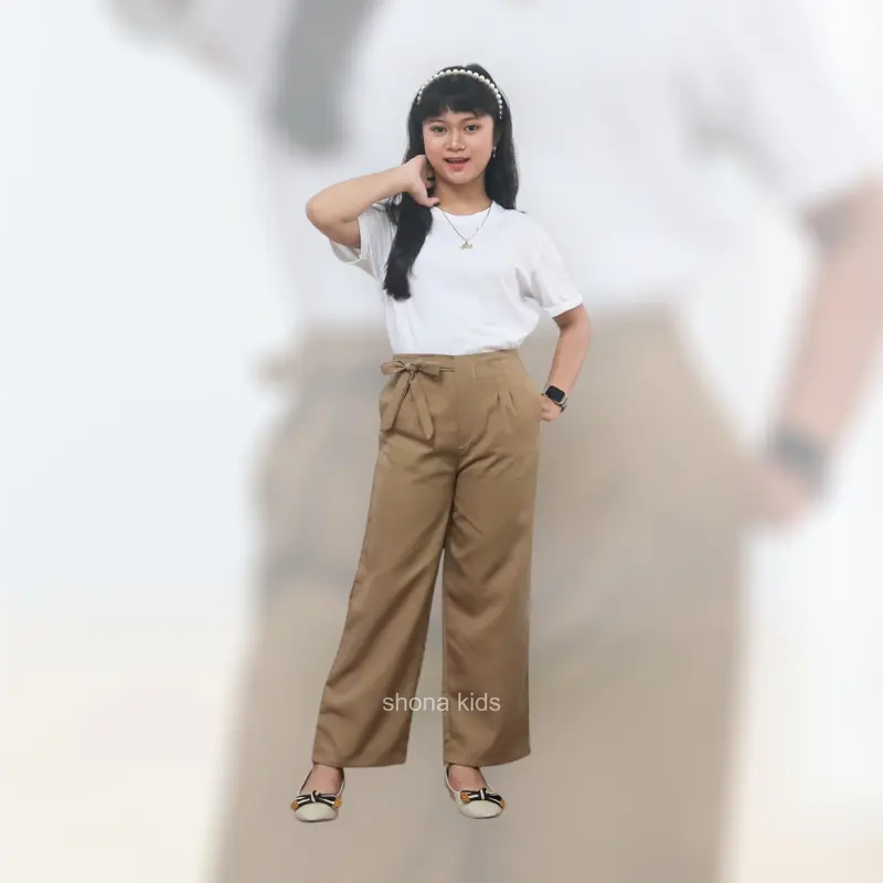 Shona - Celana Kulot Anak Perempuan Usia 7-15 Tahun Highwaist Pita Samping Panjang Katun Drill Casual Basic Loose Pants Terbaru 4