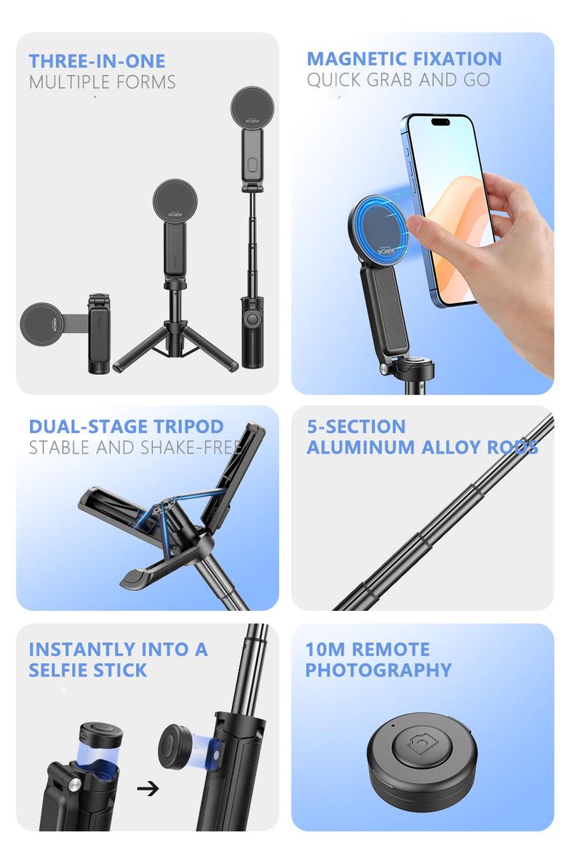Product Introduction of 3-in-1 Magnetic Phone Grip，Magsafe phoneholder，Wonew Palm-Size Selfie Stick/Tripod，travel selfie portable，with Bluetooth remote， 12