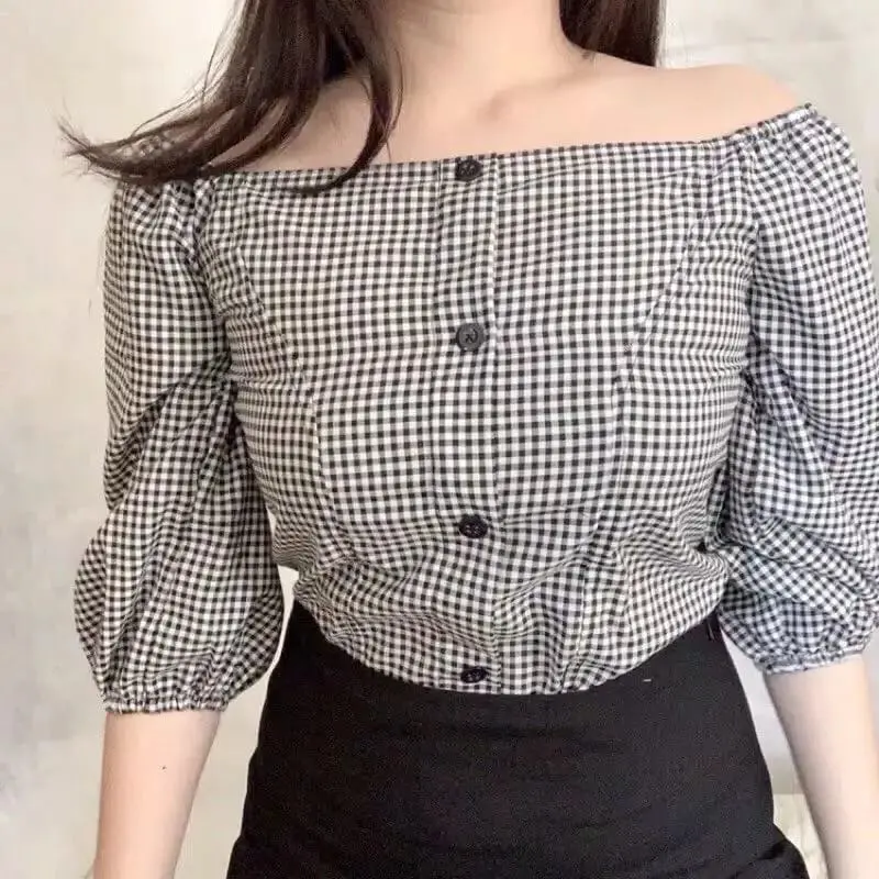 Blouse Aliya Baju Atasan Wanita Motif Kotak Atasan Kasual Atasan Kerja
