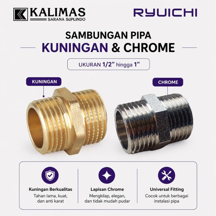 Gambar Double Nepple Brass d. 1/2" (RYUICHI) - BFN 010 | Sambungan Fitting Drat Kuningan dari kalimas.online Kota Administrasi Jakarta Pusat Tokopedia