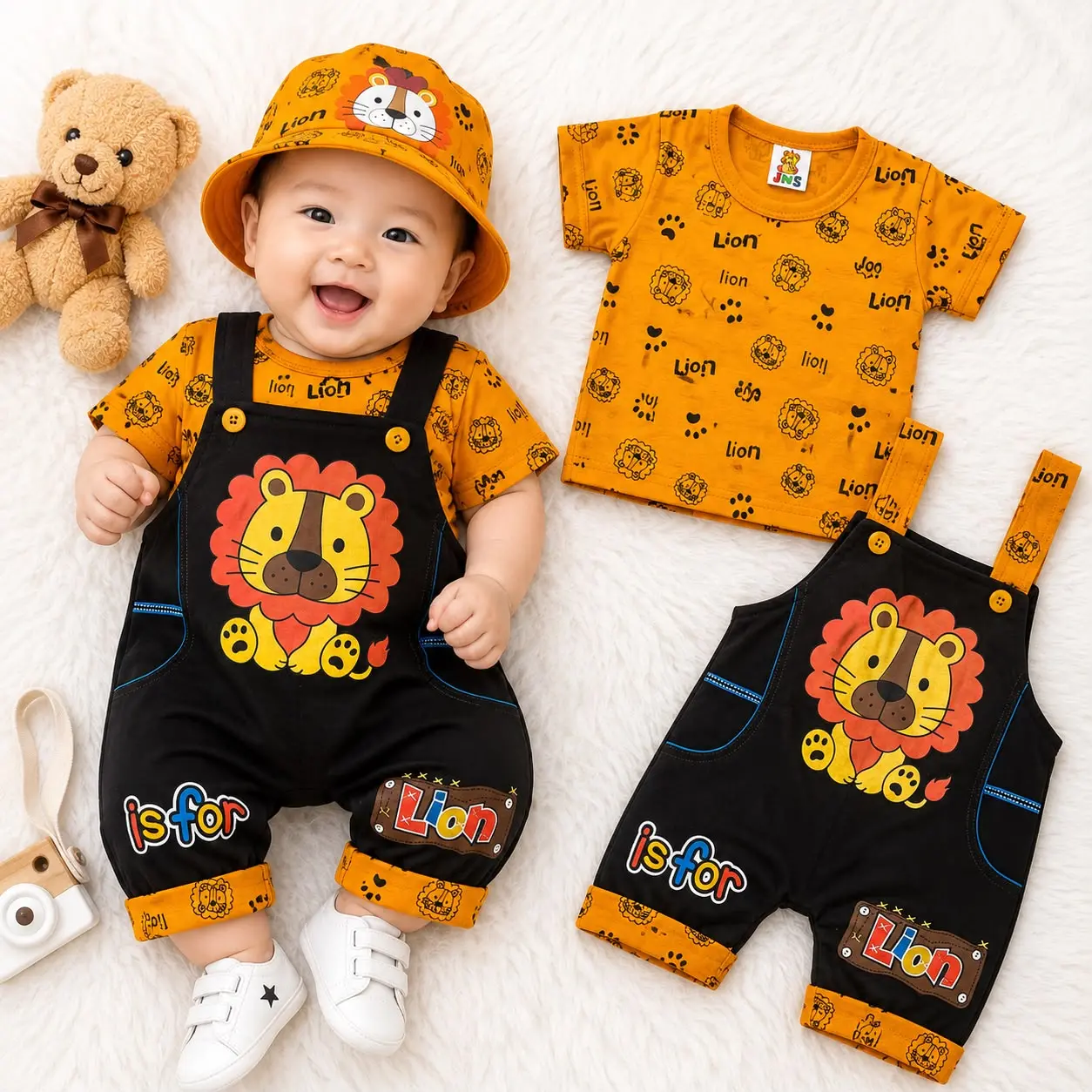 Stelan Bayi Overall Pendek Baju Kodok Baby 6 Sampai 12 Bulan Katun Adem Nyaman - Isfor Lion, 6-12 Bulan