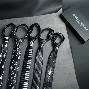 [ LEBAR 5CM ] Dasi Slim Hitam Putih Tema Musik