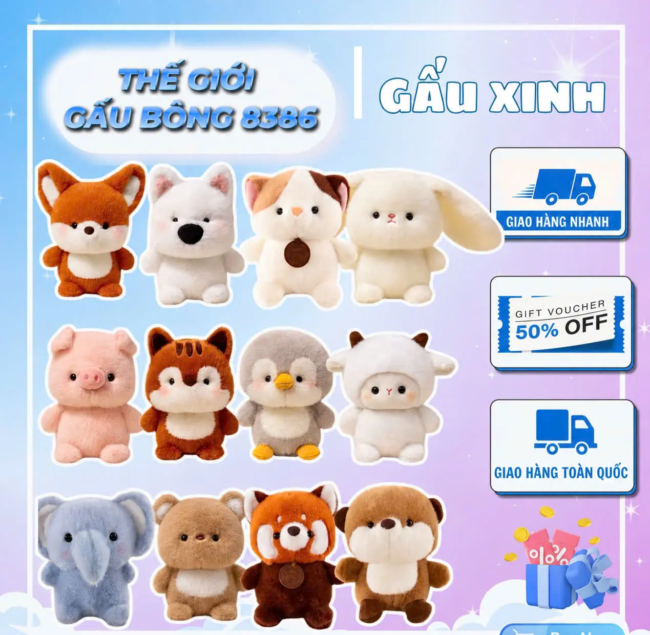 Gấu bông mini QC các loại khủng long- chó-mèo-thỏ-heo-chim cánh cụt-voi đáng iêu size 20cm Toy Đồ Chơi