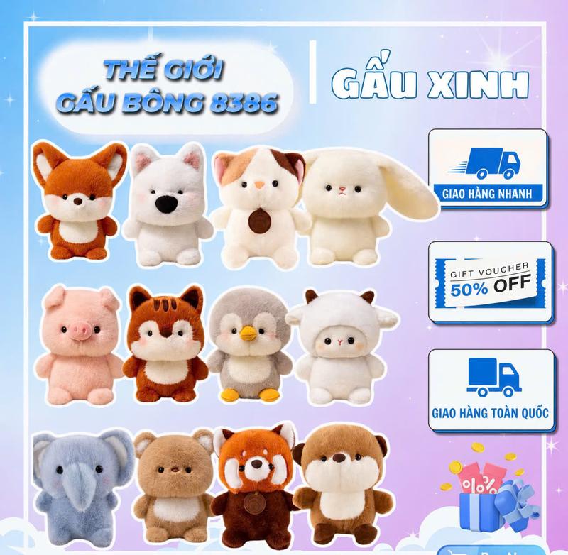 Gấu bông mini các loại khủng long- chó-mèo-thỏ-heo-chim cánh cụt-voi size…