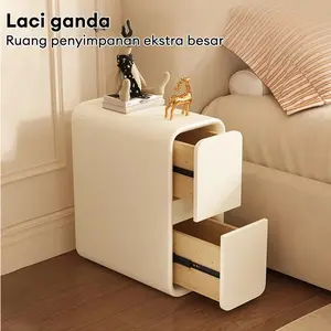Meja Samping Tempat Tidur Nakas Kecil Bed Side Minimalis Aesthetic Material MDF Tahan Lembap Desain Premium Sudut Bulat Anti Tabrakan 2 Laci Besar dengan Rel Geser Halus