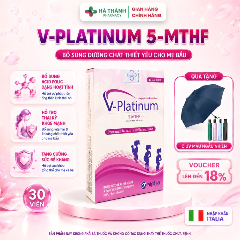 Viên uống V-Platinum 5-MTHF Bổ Sung Acid Folic Dạng Hoạt Tính, Sắt, Vitamin Tổng Hợp Cho Phụ Nữ Trước Và Trong Thai Kì ( Hộp 30 viên )