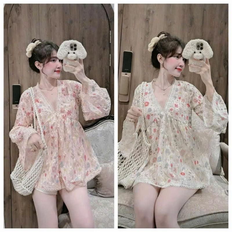  Sét áo babydoll chất tơ theo hoa nổi tay dài cổ V phối ren kèm quần đùi tapta dễ thương xinh xắn 