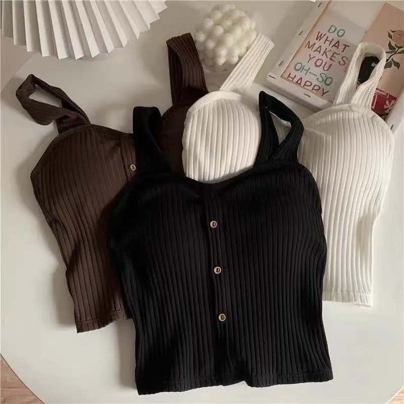Cute Sleeveless Cropped Tank Top Women's Crop Top Summer 2024 Korean Corset Top Camisole Knit Sexy Slim Vest with Bra Pads Tops Female Y2k