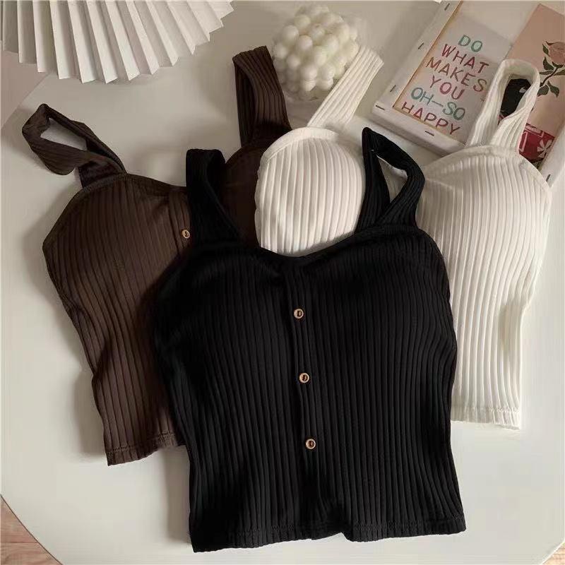 Cute Sleeveless Cropped Tank Top Women's Crop Top Summer 2024 Korean Corset Top Camisole Knit Sexy Slim Vest with Bra Pads Tops Female Y2k 1
