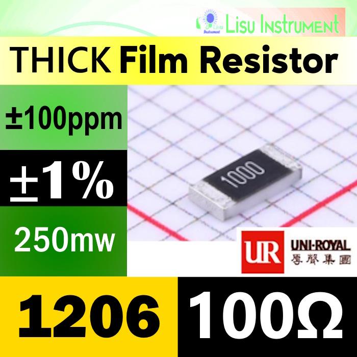 100Ω 1206 ±1% Thick Film Resistors SMD 200V ±100ppm/°C 100R 1000 1206W4F1000T5E UNI-ROYAL 1