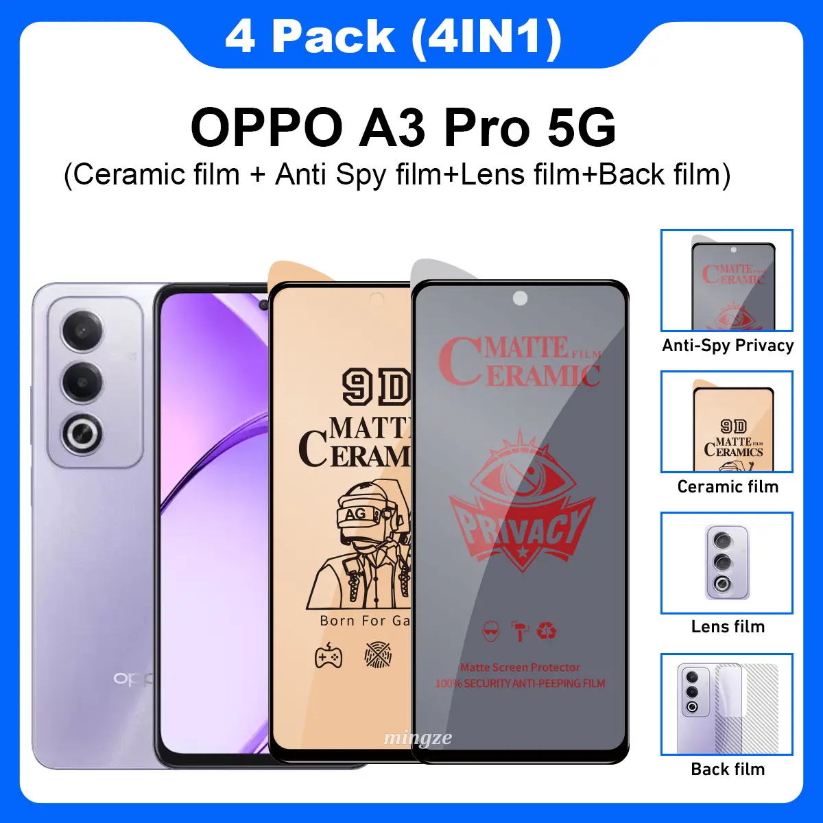 (4 in 1) Suitable for OPPO A3 Pro 5G Tempered glass OPPO A3 Pro 5G Clear Privacy Matte ceramic Screen protector + back film + lens film