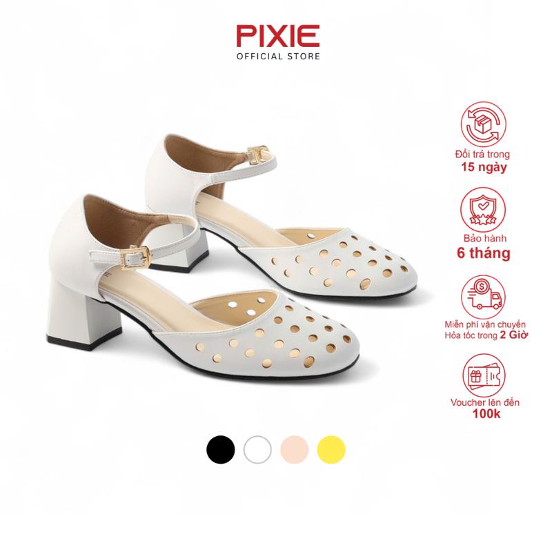 Giày Sandal Gót 5 Phân Gót Vuông Thiết Kế Cắt Laser Tròn Mềm Mại Pixie H392