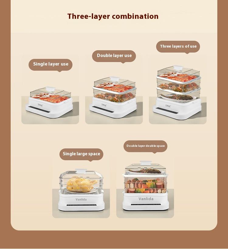 Product Introduction of The bottom of the multi-layer composite pot is quickly and evenly heated, steamed fish and vegetables are steamed out of a pot, and the lid is intelligent and timed to prevent dry burning. Protection 10