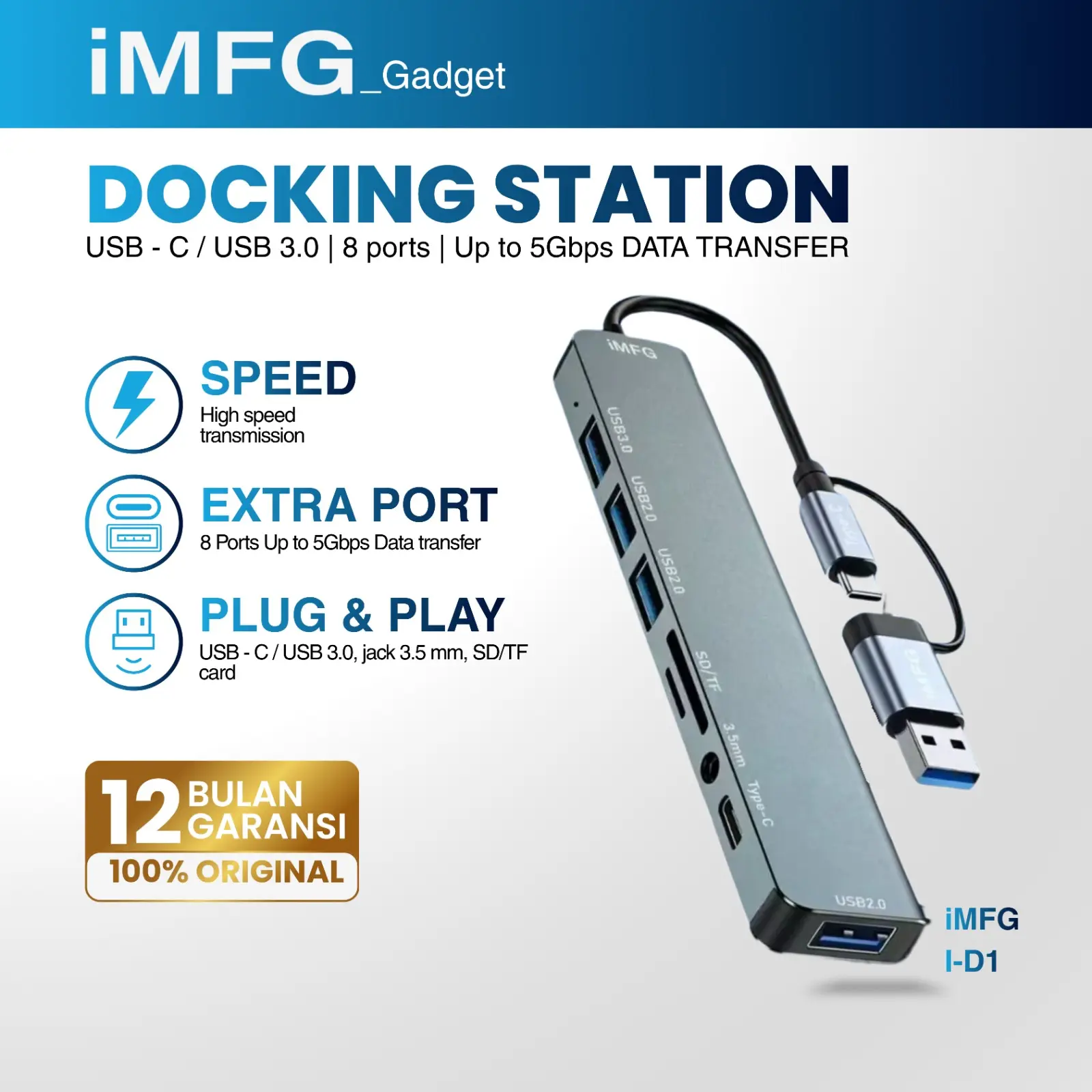 iMFG i-D1 8-in-1 USB-C Hub Docking Station with HDMI, USB 3.0, TF/SD Card Reader, 3.5mm Audio, Plug & Play, Aluminum Alloy, Multi-System Compatible