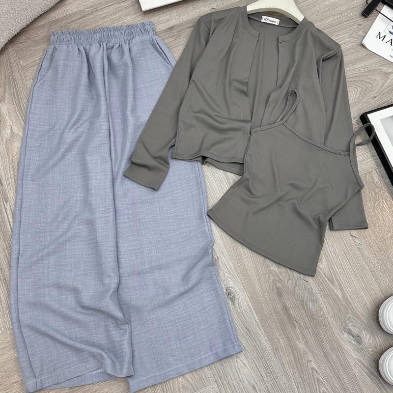 Q23 Set áo gân kèm áo ngoài + quần dài vải đũi form 40-60kg mang vừa phù hợp đi chơi . di du lich chất mát thoáng thấm hút mồ hồi Hằng tidy