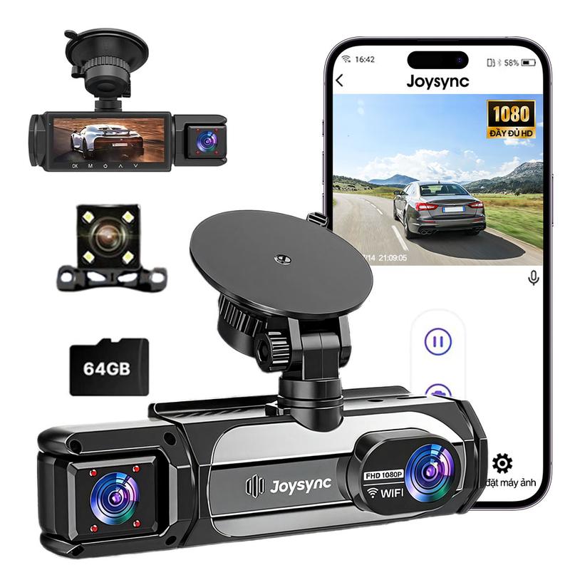  Camera hành trình 3 kênh Camera hành trình 1080P cho ô tô Camera trước và sau trên ô tô cho nội thất   phía sau với thẻ 64GB WIFI Ghi vòng lặp HDR Tầm nhìn ban đêm Cảm biến G Màn hình đỗ xe 24H 