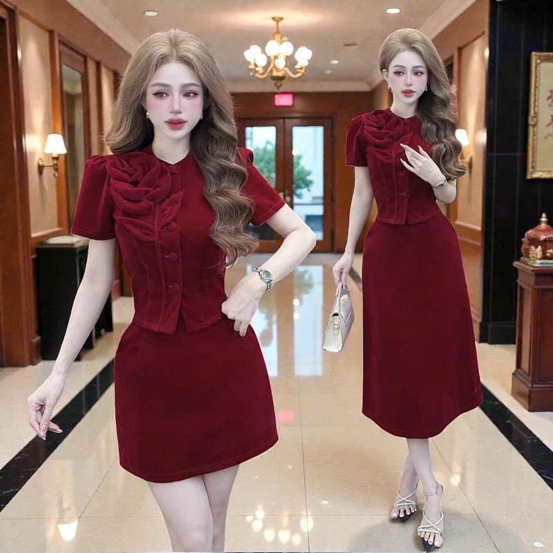 CZT NGẮN DÀI Set áo váy S6673 S6674 gồm áo tay ngắn form lửng và chân váy đơn giản để đi chơi Áo kiểu nữ Chân váy Set đồ nữ xinh