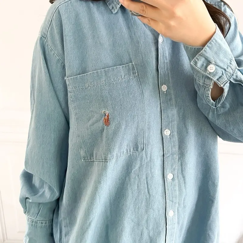 KEMEJA WANITA PLO BORDIR KUDA KATUN STRIPES DENIM  Baju LENGAN  Panjang Formal Atasan Oversize olop 6