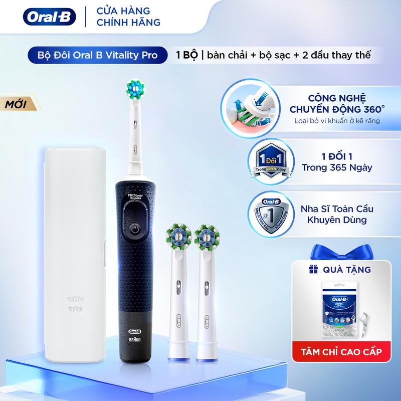 Combo Bàn Chải Điện ORAL-B VITALITY Pro + 2 Đầu bàn chải Oral-B Vitality Pro Deep Clean/Whitening/Sensitive - Tặng Tăm Chỉ Cao Cấp