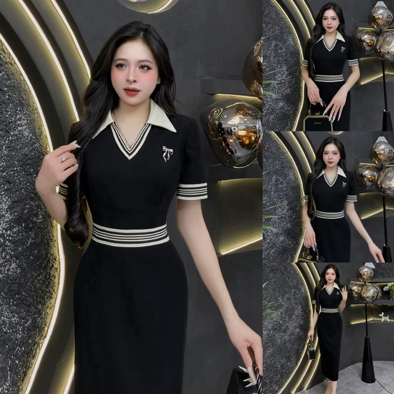 EV35 - Váy Thiết Kế Evii dành cho nữ Đầm thiết kế cổ V bẻ phối viền kẻ tặng kèm tag cài dáng bút chì xuông phù hợp đi làm đi chơi và đi dự tiệc Có Bigsize Women Dress