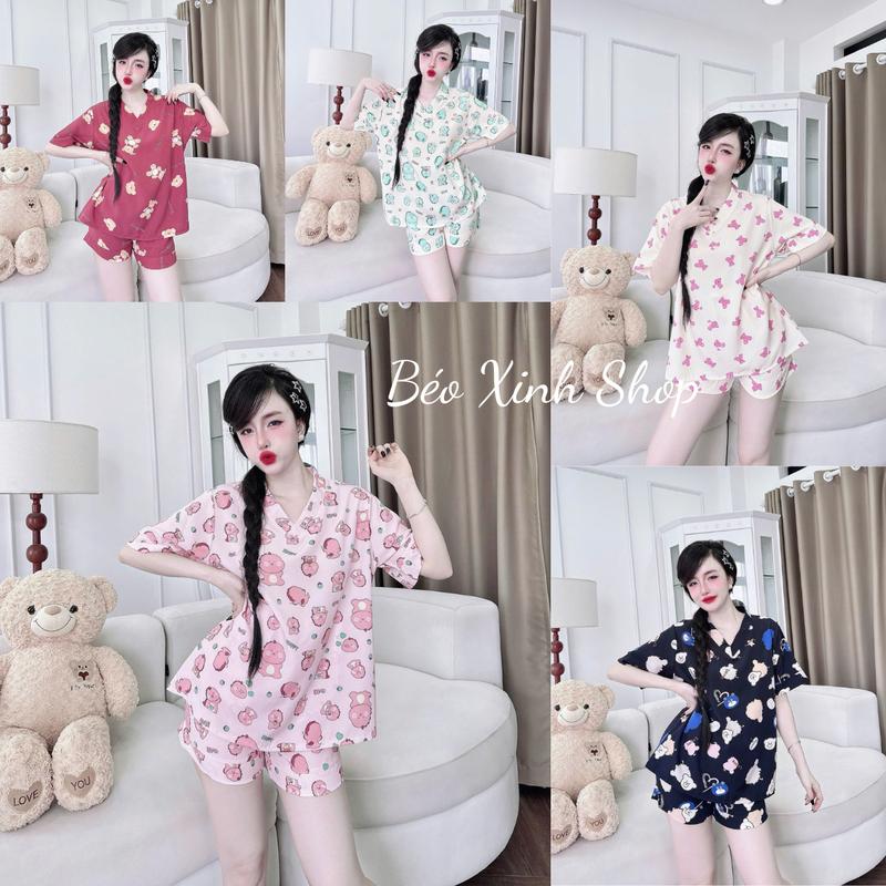 Đồ Bộ - Đồ Ngủ Quần Áo Đùi Lụa Nhật Phối Cổ Tim Tiểu Thư Cổ Bèo Pijama Bigsize 50-100kg Bộ Ngủ Nữ Nhung Lịch Women Quần Ngủ - A.5039