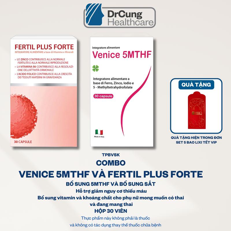  TPBVSK Combo gồm :Fertil plus forte hộp 30 viên và Venice 5MTHF hộp 30 viên Hỗ trợ bổ sung vitamin và khoáng chất acid folic 5MTHF cho phụ nữ trước thả bầu MUA 1 TẶNG 5 BAO LIXI TẾT VIP 
