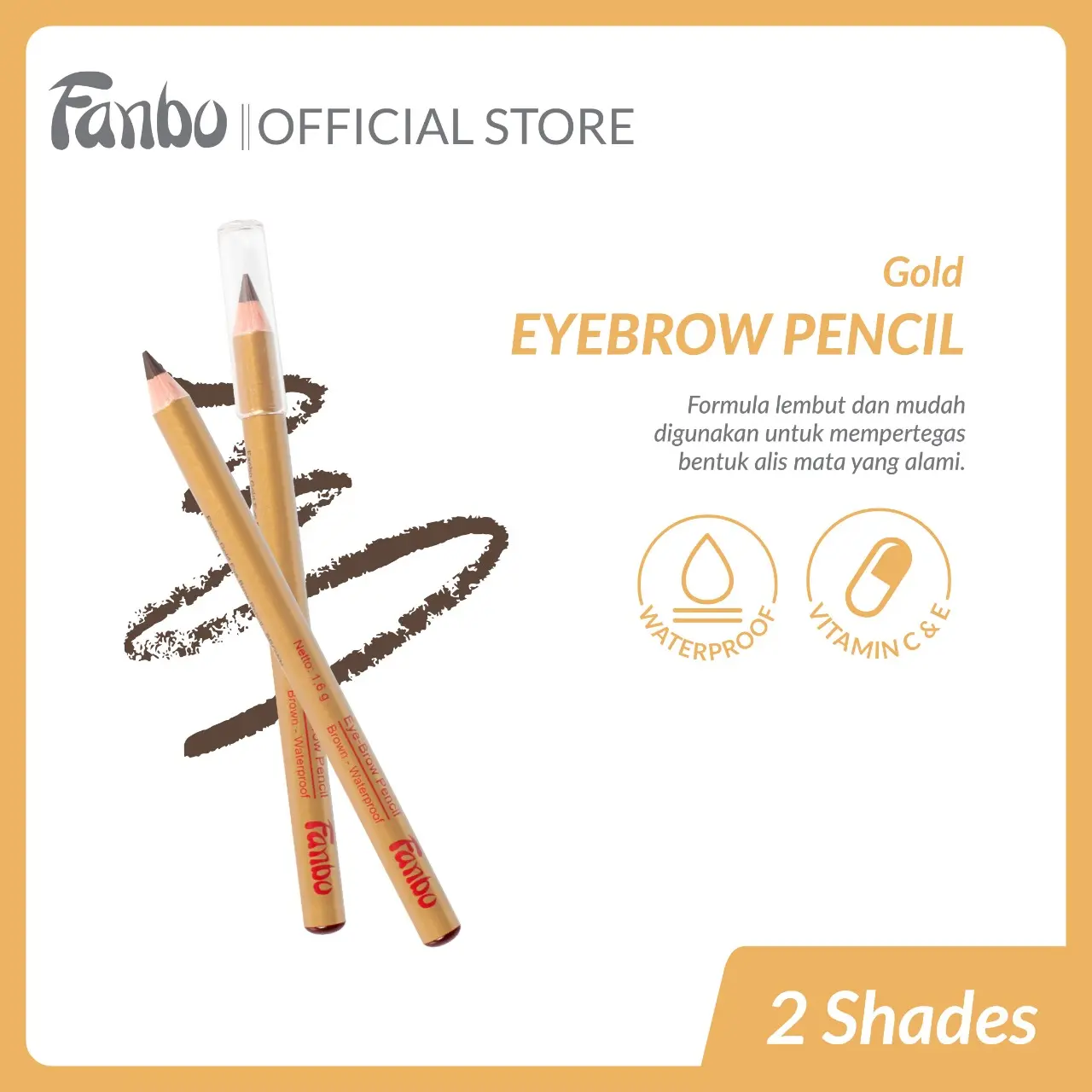 Fanbo Eyebrow pencil Gold - Pensil Alis - Waterproof - Mengandung Vitamin C & E sebagai Anti Oksidan  yang merawat kesehatan alis mata - Tidak Luntur - Limitied Edition - warna Natural - semua jenis kulit - Natural Look