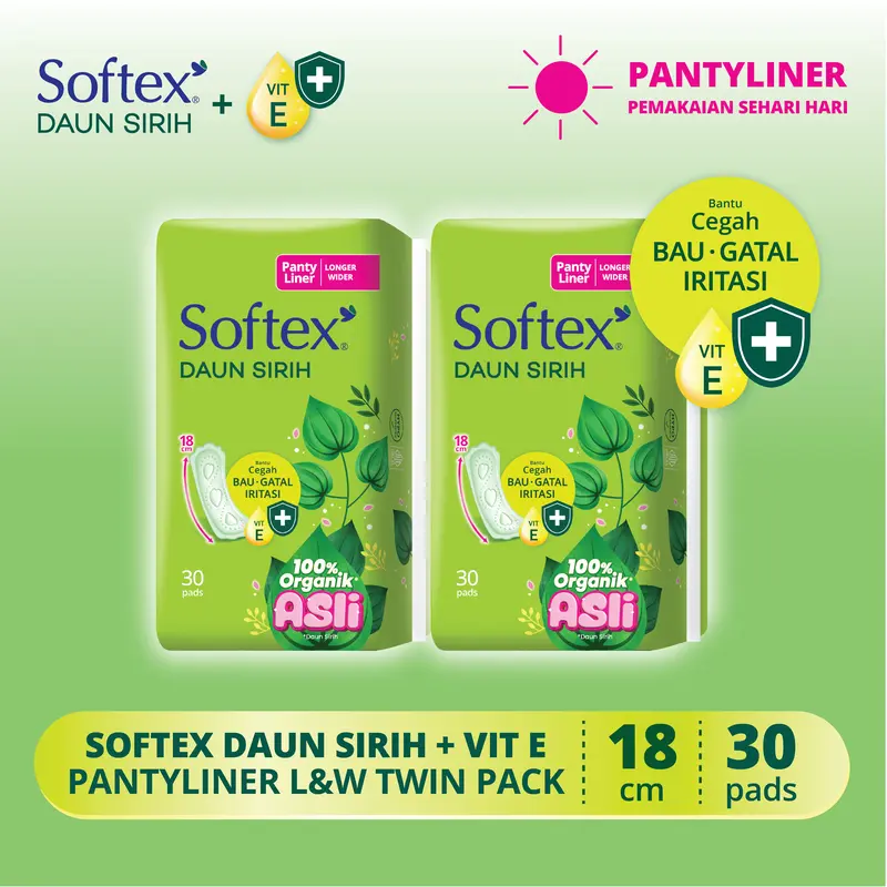 Pantyliner Softex Daun Sirih + Vitamin E Longer & Wider 30s x 2 Pack - Pantyliner Daun Sirih 0