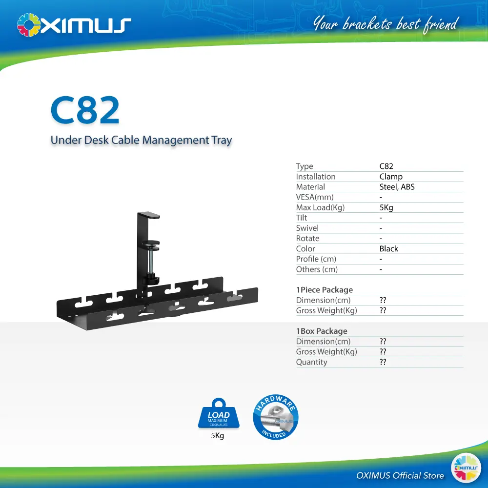 Oximus C82 C82D C82S Clamp-on Underdesk Cable Management Tray Bracket Storage Kabel Management Jepit Mudah dipasang dengan penjepit yang kuat, baki ini dengan aman menahan kabel, stopkontak, dan adaptor, menjaga semuanya tetap rapi dan tidak terlihat