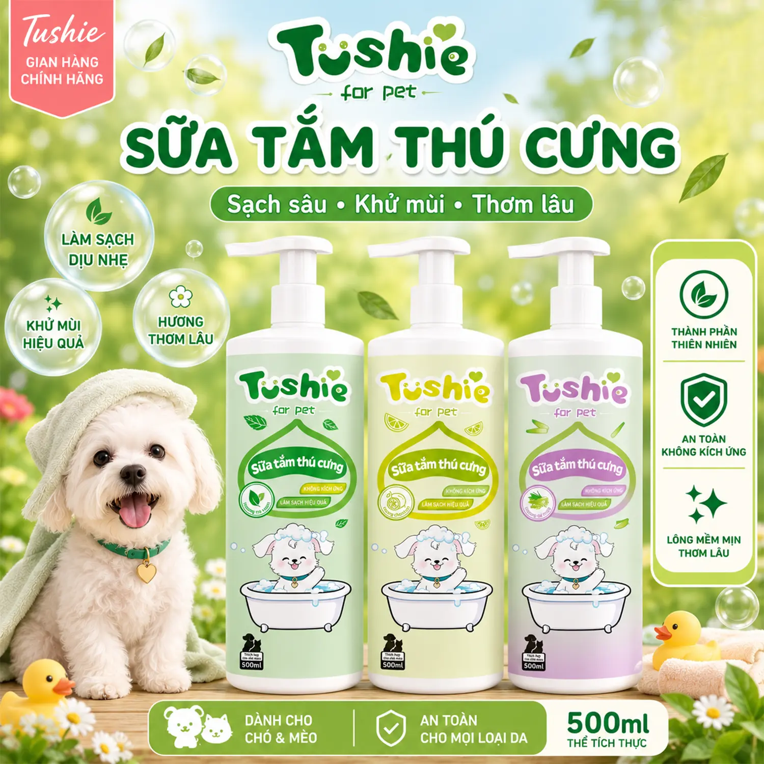 Sữa tắm chó mèo Tushie Treats cao cấp, Dầu gội thú cưng, sữa tắm thú cưng 2 trong 1 cho chó, mèo khử mùi, mượt lông, mùi hương dịu nhẹ, chai 500ml