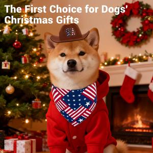 犬服アメリカ国旗のカウボーイハットとバンダナが付いた居心地の良いフリースパーカー、小型、中型、大型犬のための遊び心のある冬の衣装、柴犬のための耐久性のあるアパレル、秋田、ホリデーフォト付きの3-in-1愛国的な犬の服セット ビーグル  きなこ