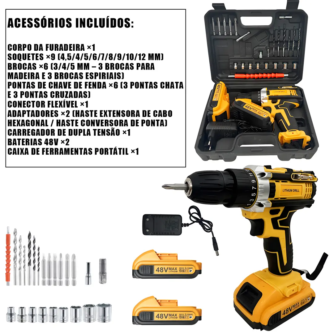 Parafusadeira Furadeira 48V 2 Baterias Com Maleta e Acessórios Completo