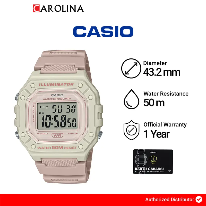 Jam Tangan Wanita Casio Pop W-218HC-4A2 Digital Quartz Watch Beige Dial Rubber Band Watches 0
