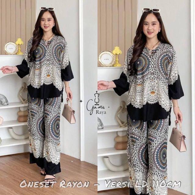 Setelan Wanita Oneset Wanita Setelan Rayon Celana Kulot Atasan Rempel Bahan Rayon Motif Adem Dan Nyaman  Baju Dewasa Remaja Panjang Santai Muslim Bawahan Lembut hitam Busui Rayon Premium Exclusive Kekinian Lebaran Atasan Wanita Celana Kulot